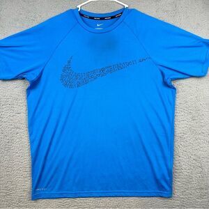 Nike Swim Shirt Mens Large‎ Blue Short Sleeve Swoosh Logo Spellout Beach Surf
